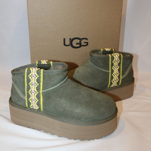 NIB UGG PLATFORM TASMAN BRAID ULTRA MINI SUEDE SHEARLING LINED BOOTS OLIVE GREEN - Picture 2 of 8